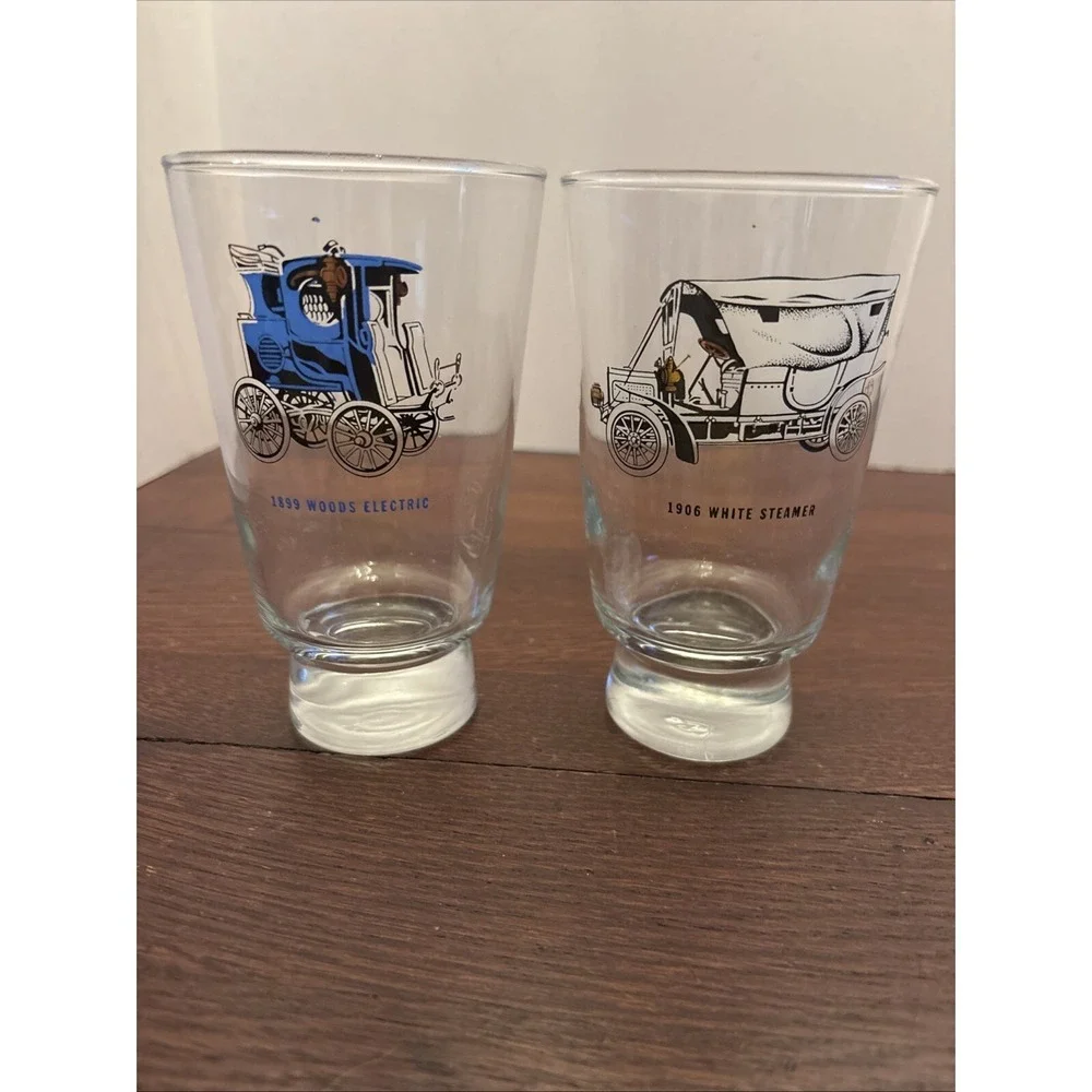 Vintage Libbey Set Of 2‎ Automotive Glasses Woods Electric, White Steamer